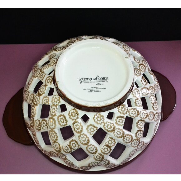 Temptations Lattice Work Basket Ceramic Bowl Brown Orange Kitchen Bakeware Decor - Picture 7 of 8